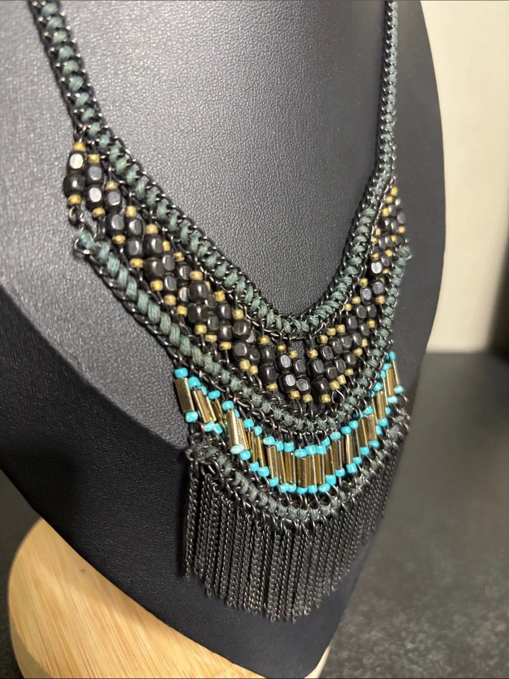 Boho Fringed Beaded Statement Necklace in Black & Turquoise